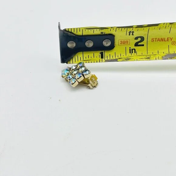 Vintage Square Aurora Borealis Earrings Gold Tone Clip On Glam Bling Sparkle - Picture 4 of 9